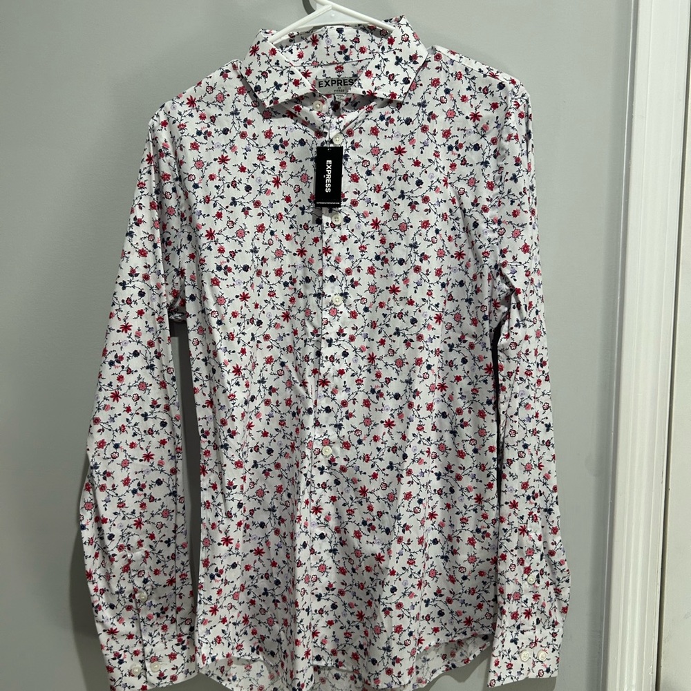 Express Men's Floral Button-Down Shirt - White with Red and Black